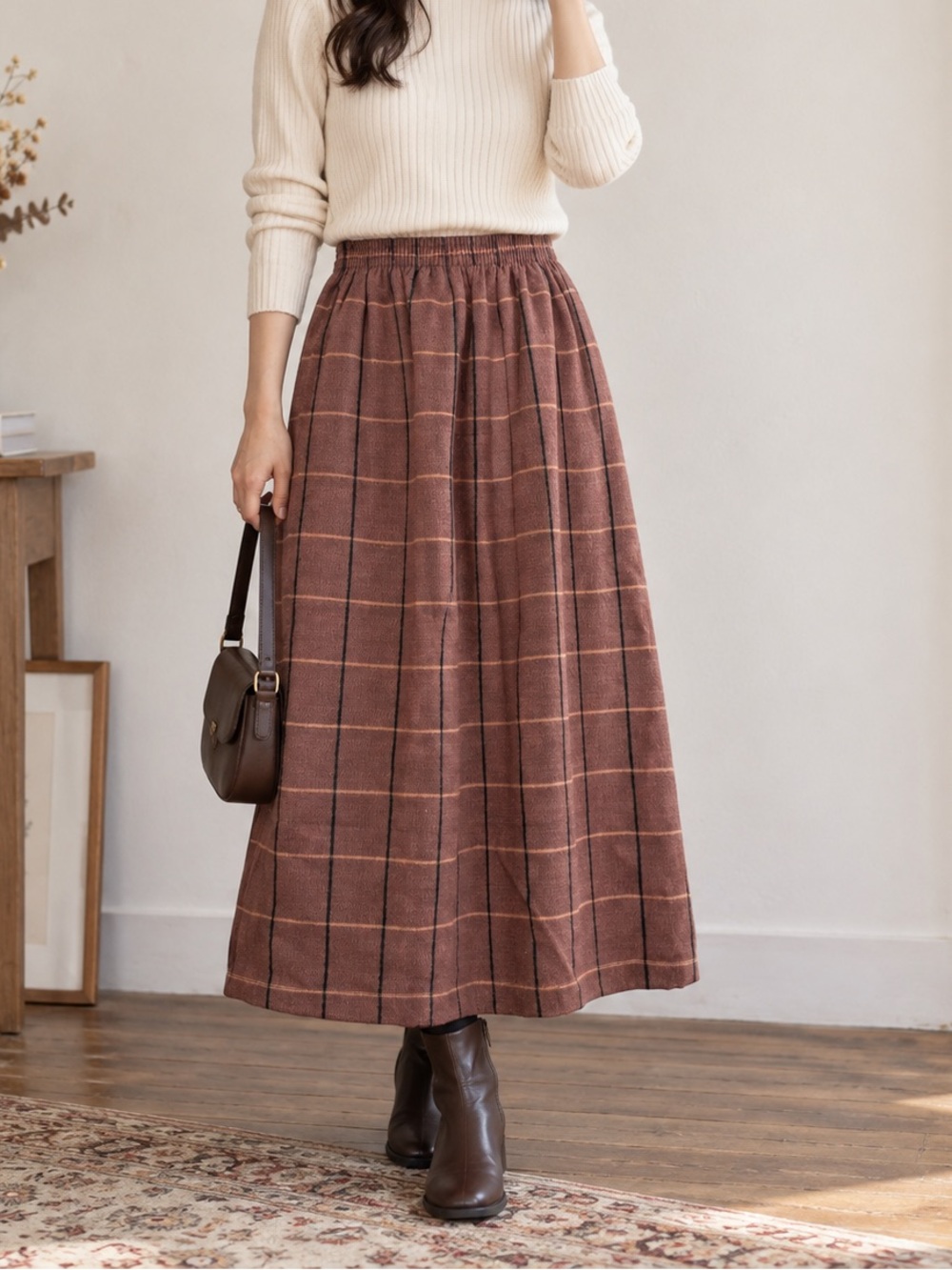 Vintage Brown Plaid Wool Skirt Midi Maxi Elastic Waist Cottagecore